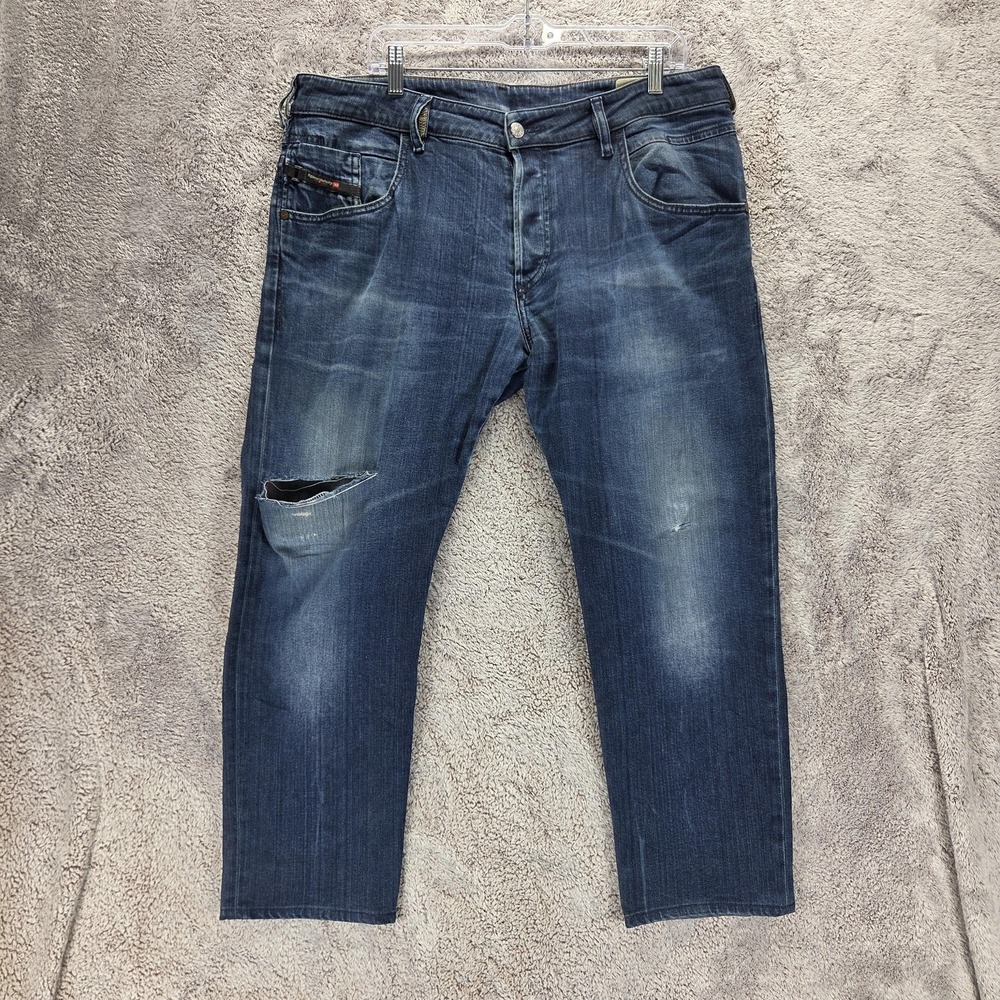 Diesel Jeans Mens 38x34 Blue D-Bazer Tapered Button Fly Distressed Altered Hem